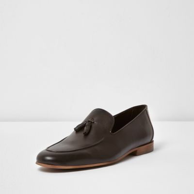 Dark brown leather tassel formal loafers